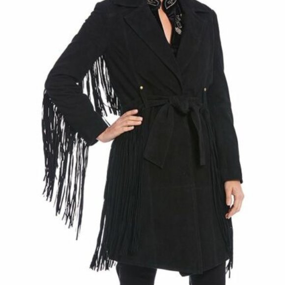 NWT REBE Black Genuine Suede Belted Fringe Trench Coat Size L MSRP $498